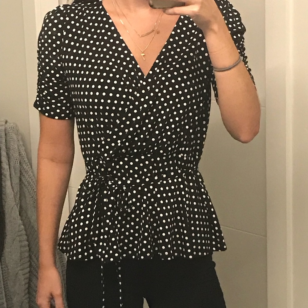 NWT EXPRESS Black and White Polka Dot Wrap Blouse